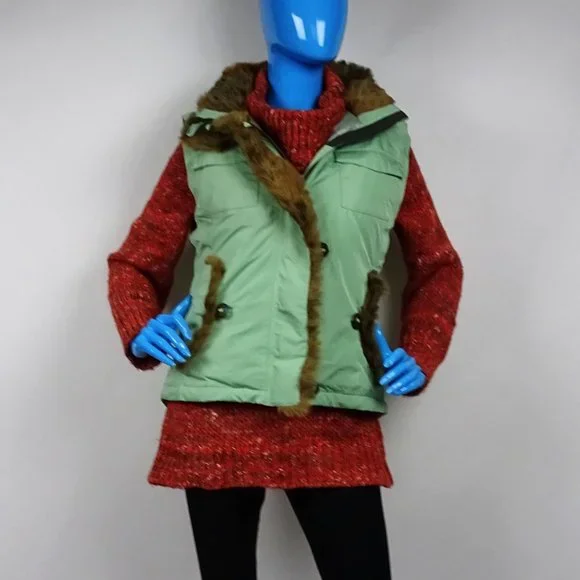 Solstice Green Insulated Vest Womens M 8 10 Faux Fur Trim Hooded Waterproof Ski - Picture 4 of 8